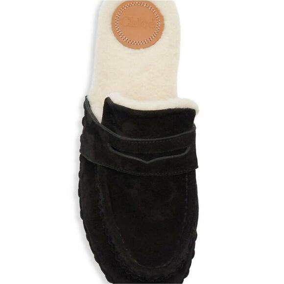 NWT$850 CHLOE Joy Black Suede Shearling Fur Slip-on Clogs Slides Shoes Sz 35 (5) - Picture 7 of 16